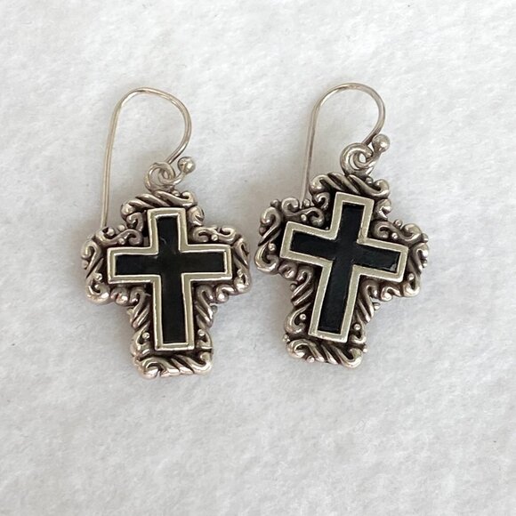 Sterling Silver 925 1.41" Black Enamel Scrollwork Cross Dangle Earrings 11g - Picture 4 of 16